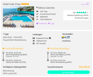 Screenshot Mallorca Reisedeal Hotel Cala Vinas