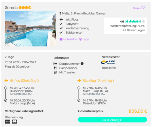 Screenshot Malta Reisedeal Hotel Soreda