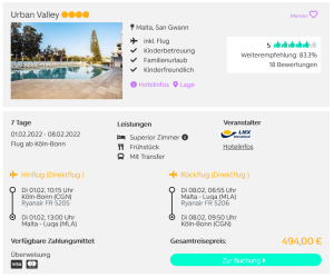 Screenshot Malta Reisedeal Hotel Urban Valley