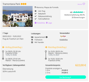 Screenshot Menorca Reisedeal Hotel Tramontana Park