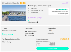 Screenshot Rügen Reisedeal Strandhotel Dranske