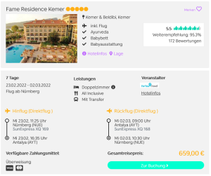 Screenshot Türkei Reisedeal Hotel Fame Residence Kemer