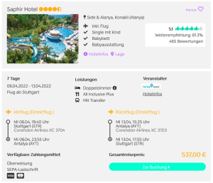 Screenshot Türkei Reisedeal Saphir Hotel